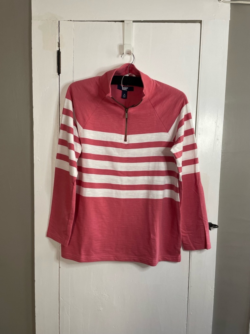 LAND's END 100% Cotton Striped Half-Zip Pullover - Coral Pink & White - Size M